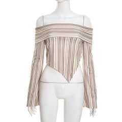 Off shoulder striped print long sleeve irregular top