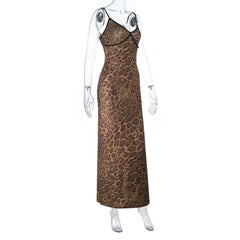 Leopard print v neck backless cami maxi dress