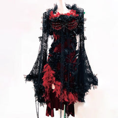 Long flared sleeve lace flower applique irregular mini dress