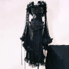 Beaded flower applique long flared sleeve lace maxi dress