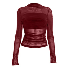 Ruched mesh long sleeve crewneck top