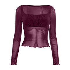 Square neck ruffle long sleeve ruched mesh top