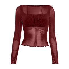 Square neck ruffle long sleeve ruched mesh top