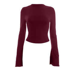 Long flared sleeve crewneck solid crop top