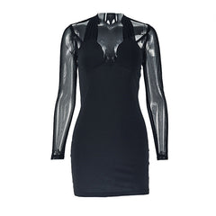 Long sleeve mesh patchwork padded mini dress