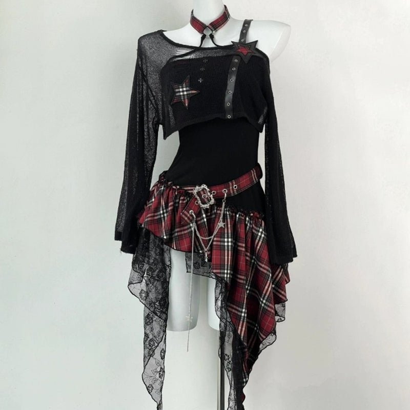 Long sleeve irregular plaid ruffle 2 piece mini dress