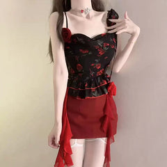 Cowl neck flower applique print ruched cami mini skirt set