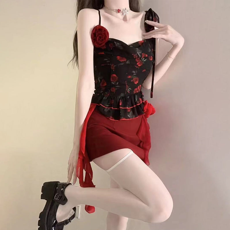 Cowl neck flower applique print ruched cami mini skirt set