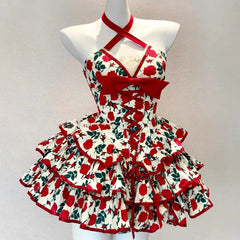 Bowknot flower print lace hem cross front mini dress