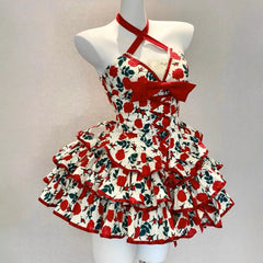 Bowknot flower print lace hem cross front mini dress