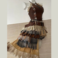 Lace hem hollow out irregular plaid mini skirt set