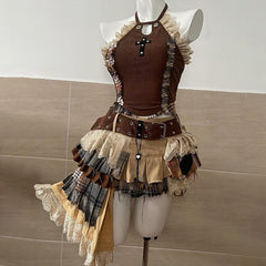 Lace hem hollow out irregular plaid mini skirt set