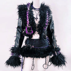 Fluffy long sleeve rivet applique o ring top