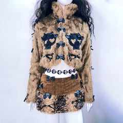 Fluffy long sleeve bowknot skull applique top