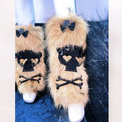 Fluffy long sleeve bowknot skull applique top