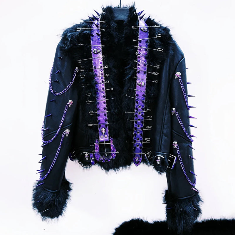 Long sleeve fluffy o ring metal chain rivet applique top