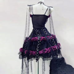 Long flared sleeve flower applique beaded mini skirt set
