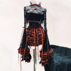 Ruffle long flared sleeve lace flower applique mini skirt set