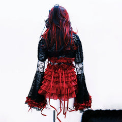 Long flared sleeve flower applique ruffle lace mini dress