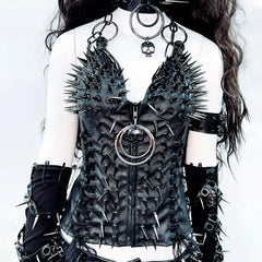 O ring zip-up rivet applique v neck PU leather top
