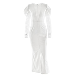 Long sleeve v neck lace slit maxi dress