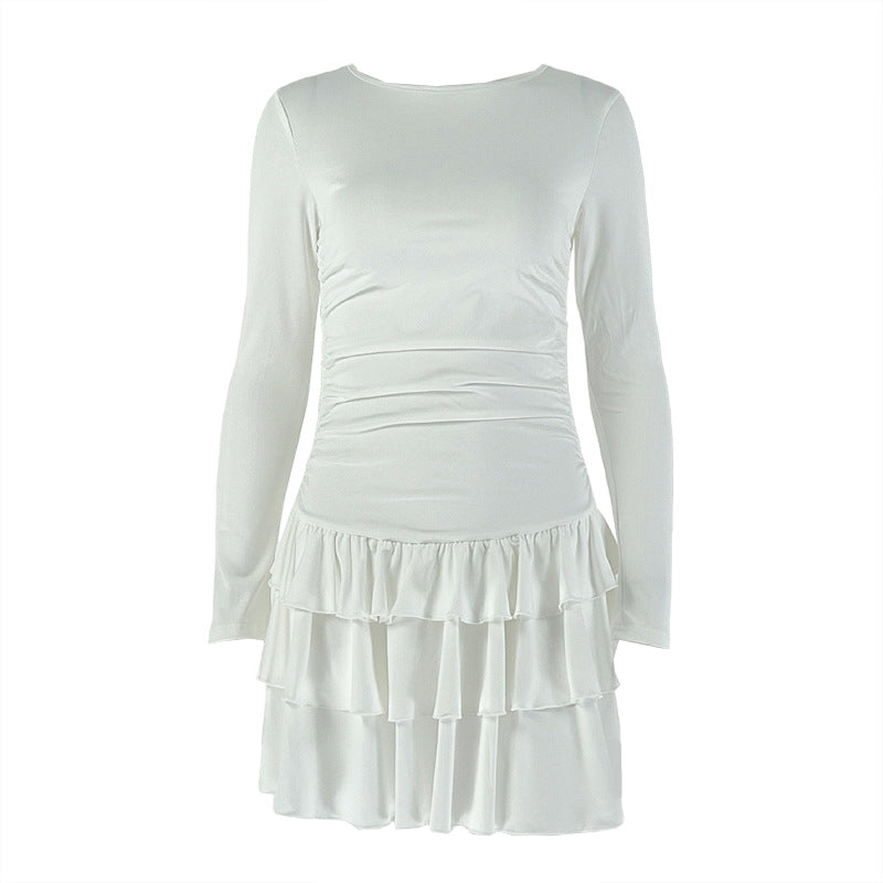 Long sleeve crewneck ruffle mini dress
