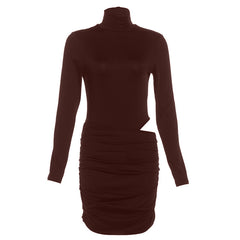 Ruched high neck long sleeve button mini dress