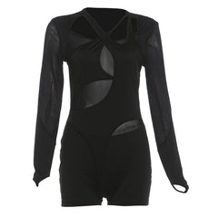 Hollow out long sleeve mesh gloves romper