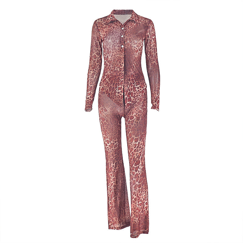 Leopard print turnover collar button pant set