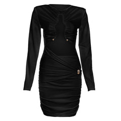 Long sleeve hollow out ruched crewneck cut out mini dress