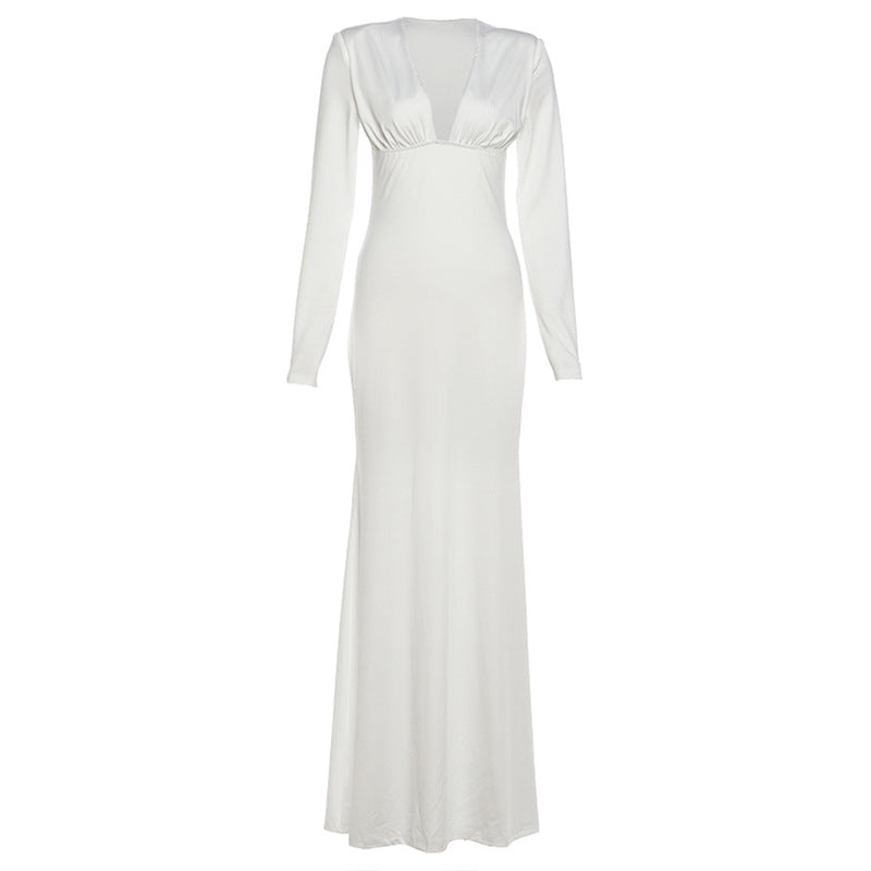 Long sleeve v neck low cut solid maxi dress