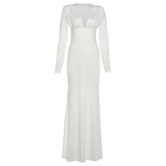 Long sleeve v neck low cut solid maxi dress