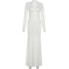 Long sleeve v neck low cut solid maxi dress