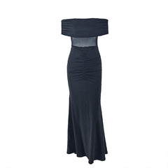 Off shoulder ruched mesh patchwork maxi dress