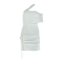 One shoulder mesh flower applique slit mini dress