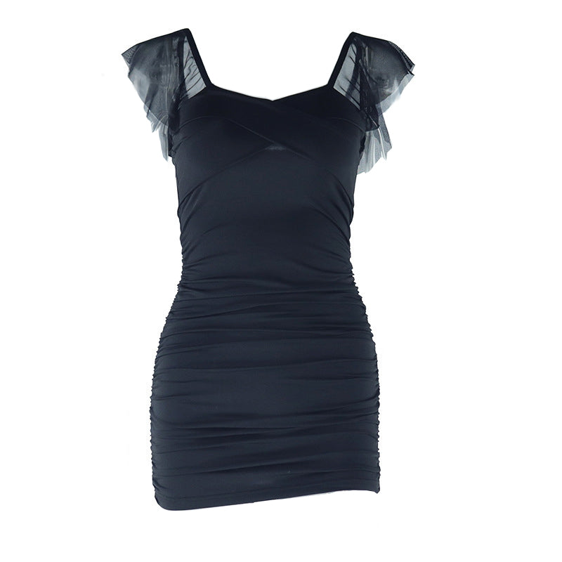 Ruched mesh backless mini dress