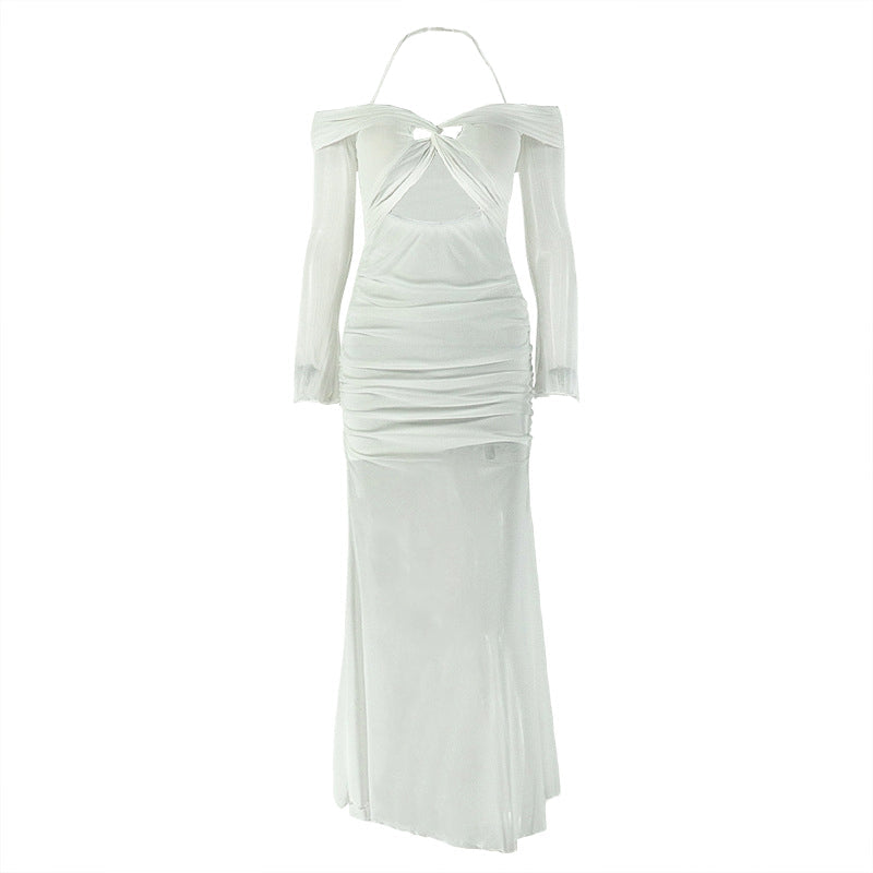 Long sleeve off shoulder halter hollow out mesh cut out maxi dress