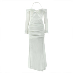 Long sleeve off shoulder halter hollow out mesh cut out maxi dress