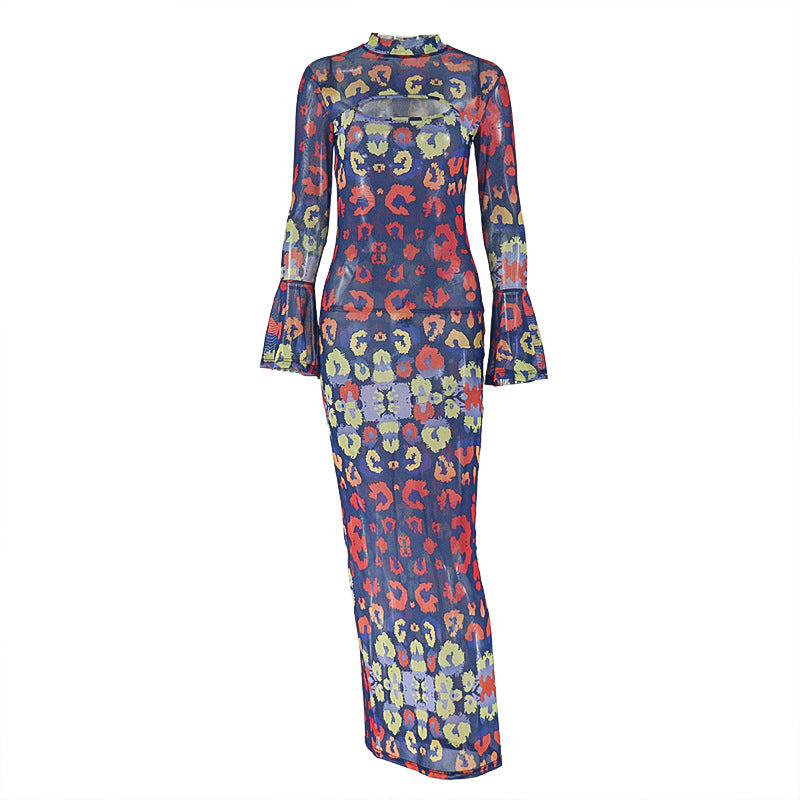 Long sleeve mesh contrast print maxi dress