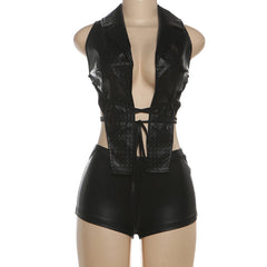 Self tie cross back PU leather low rise pant set