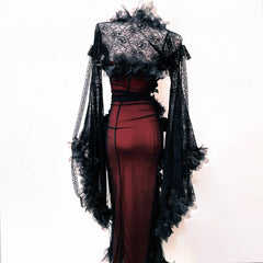 Long flared sleeve lace flower applique beaded maxi dress