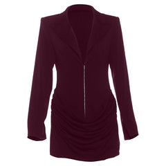 Long sleeve ruched deep v neck solid mini dress