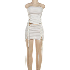 Self tie hollow out backless tube mini skirt set
