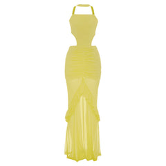 Ruched mesh patchwork ruffle halter maxi dress