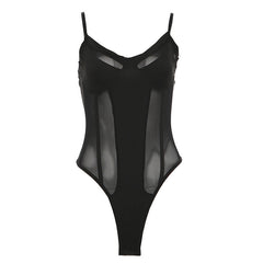 Mesh patchwork v neck button cami bodysuit