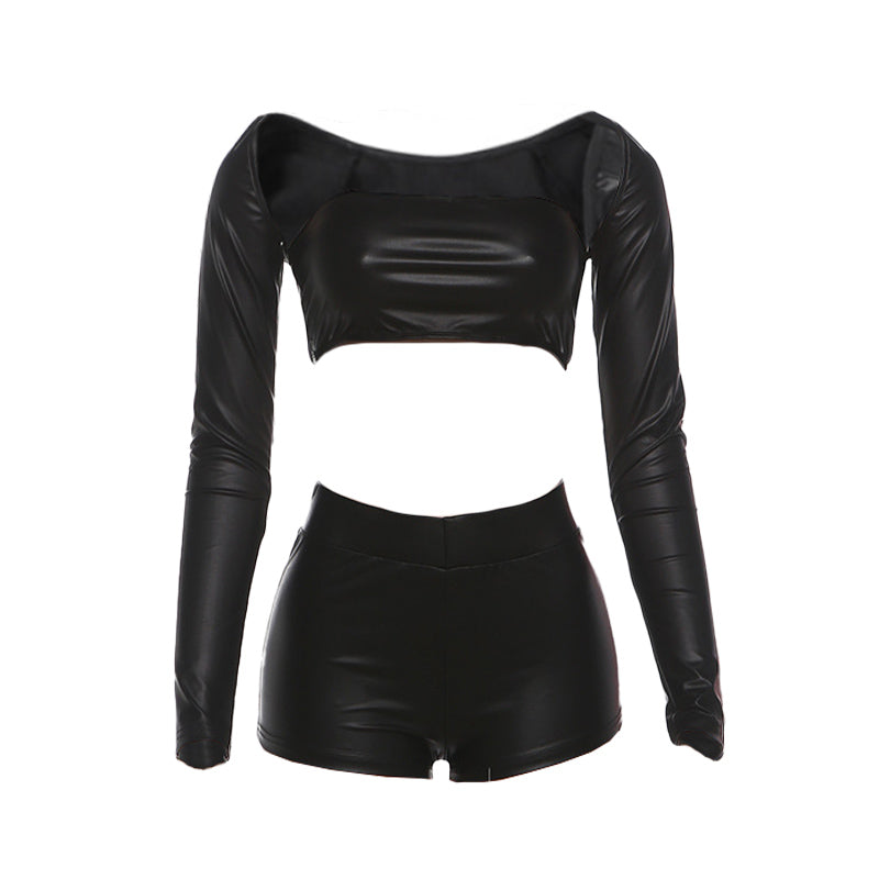 Long sleeve PU leather medium rise pant set