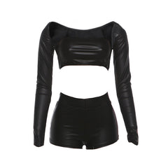Long sleeve PU leather medium rise pant set