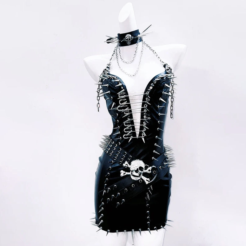 Halter rivet PU leather belt mini dress