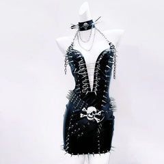 Halter rivet PU leather belt mini dress