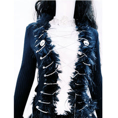 Long sleeve fluffy metal chain belt top
